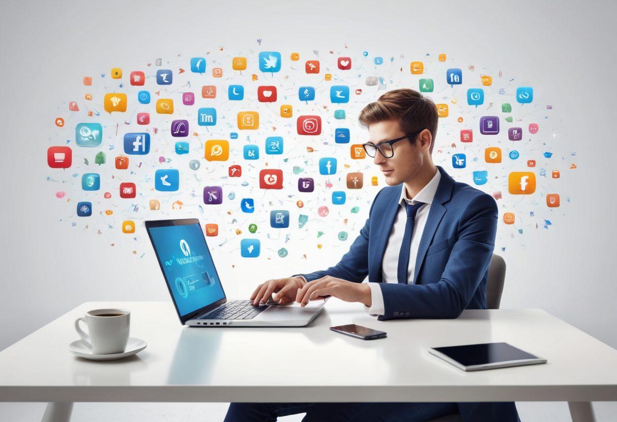 A dynamic scene of a person typing on a laptop, surrounded by floating icons representing social media and digital platforms, with vibrant arrows symbolizing growth and engagement. The background features a stylish office setting, illuminated with natural light, conveying a sense of professionalism and creativity. super-realistic. vibrant colors. white background.