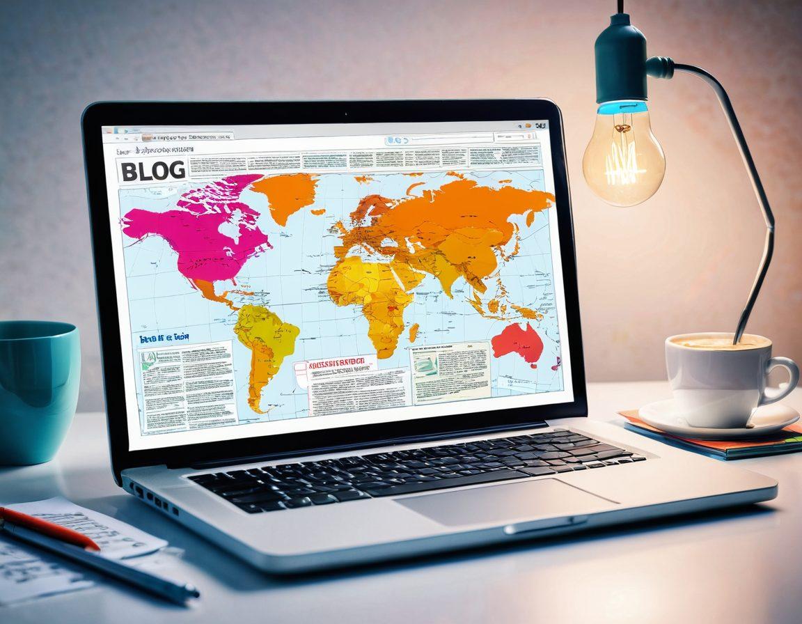 A captivating illustration of a vibrant online journal filled with colorful blog posts, open laptop displaying a glowing blog interface, a cup of coffee beside it, surrounded by notes and a lightbulb symbolizing ideas. The background features a bright atmosphere with a digital world map. super-realistic. vibrant colors. white background.